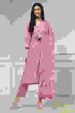 Pink Cotton Screen Print Unstitched Suit Set image number 1