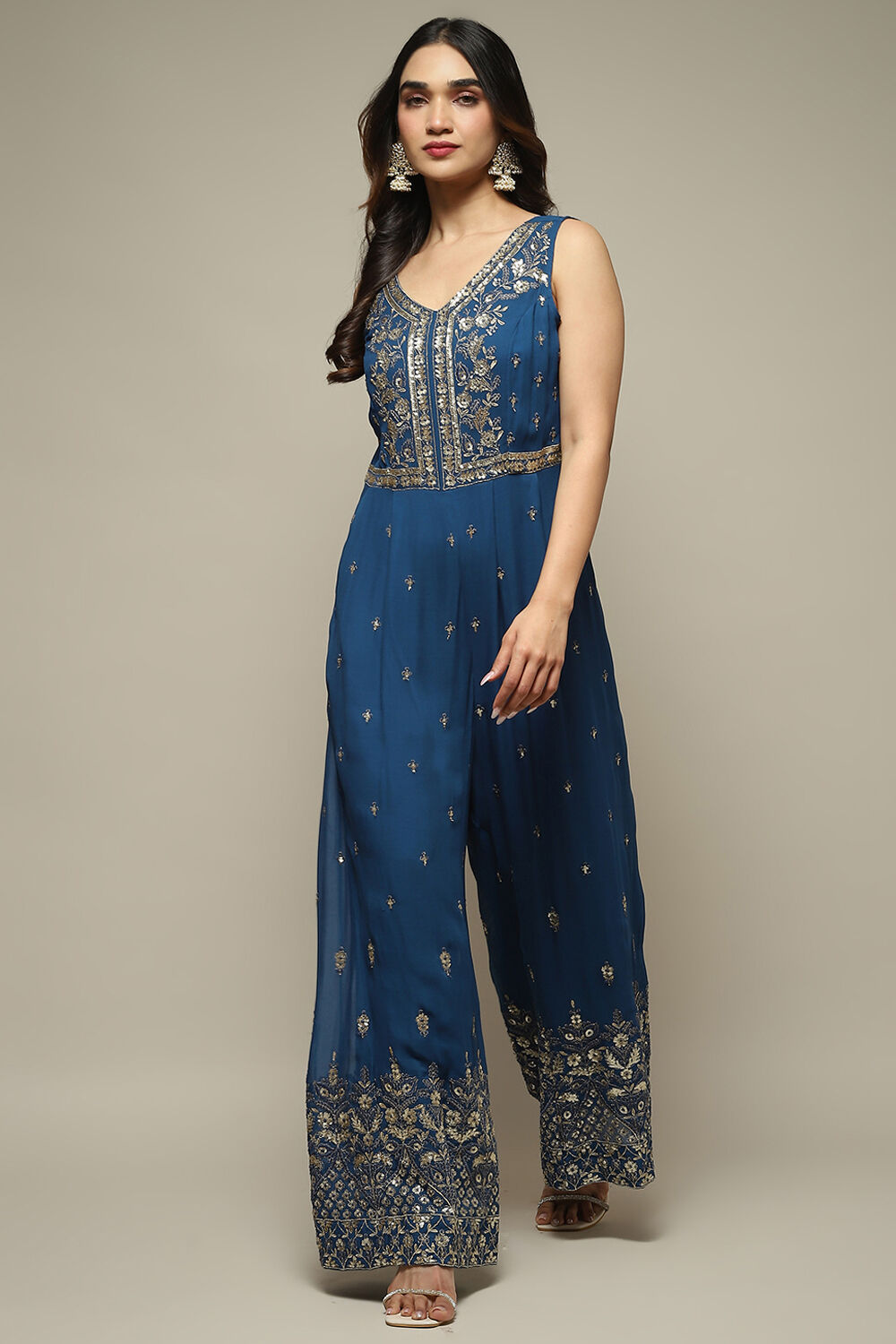 Blue Embroidered Straight Jumpsuit image number 2