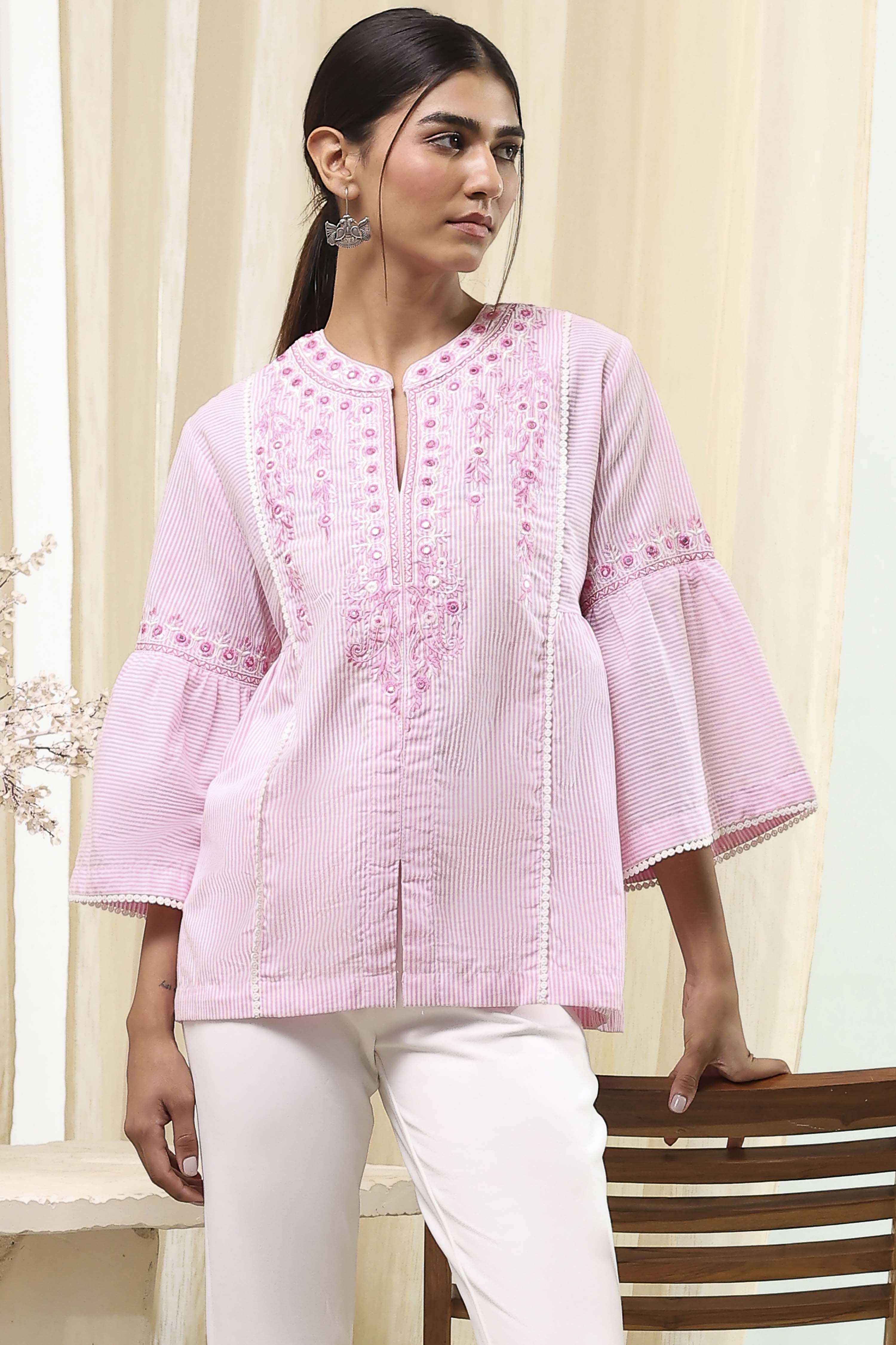 Blue Cotton Striped Straight Short Kurta image number 5