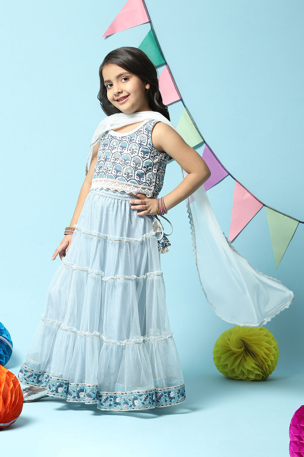 Powder Blue Cotton Short Top Lehenga Set image number 5