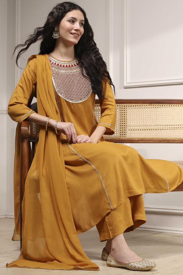 BIBA Mustard Viscose Rayon Straight Dyed Suit Set in Yellow