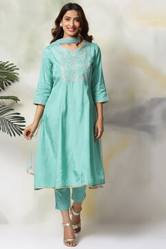 Sea Green Viscose Kalidar Kurta Slim Pant Suit Set image number 0