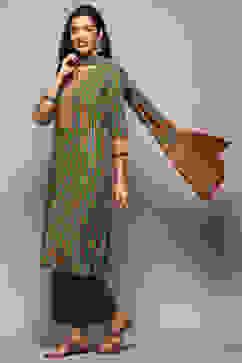 Green LIVA Straight Kurta Palazzo Suit Set image number 3