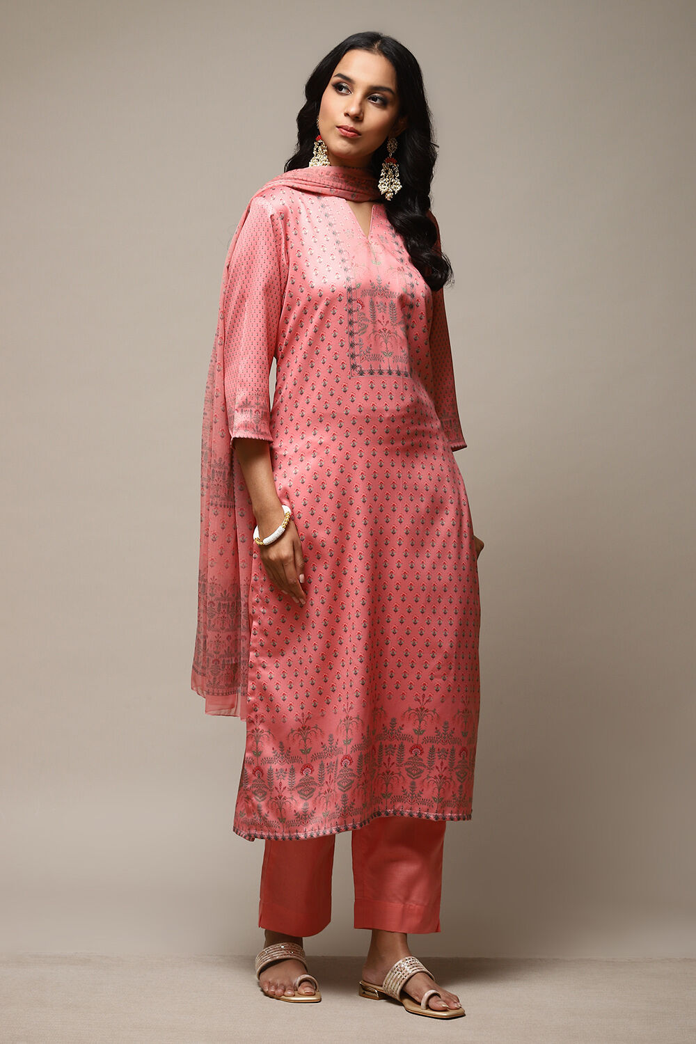 Peach Cotton Screen Print Unstitched Suit Set image number 7