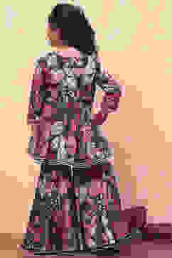 Blue Poly Chinnon Floral Printed Gathered Suit Set image number 4