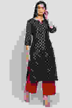 Brown And Red Art Silk Straight Kurta Palazzo Suit Set image number 2