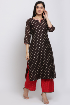 Brown And Red Art Silk Straight Kurta Palazzo Suit Set image number 2