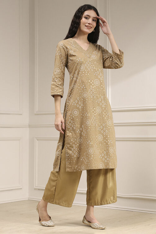 Beige Cotton Printed Straight Kurta image number 4
