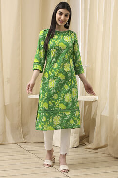 Green Cotton Floral Straight Kurta image number 5