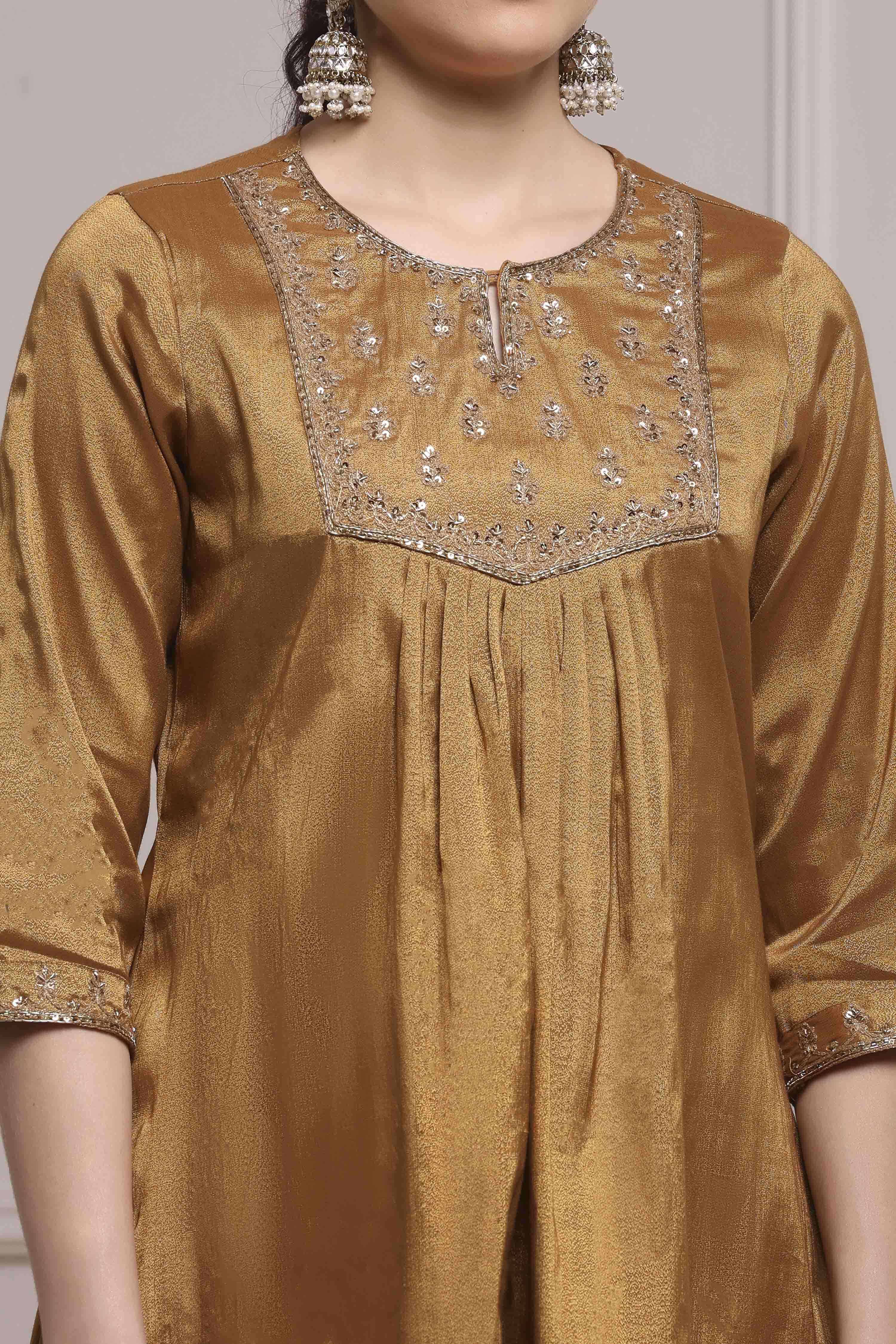 Copper Cotton Tissue Gathered Dyed Suit Set image number 1