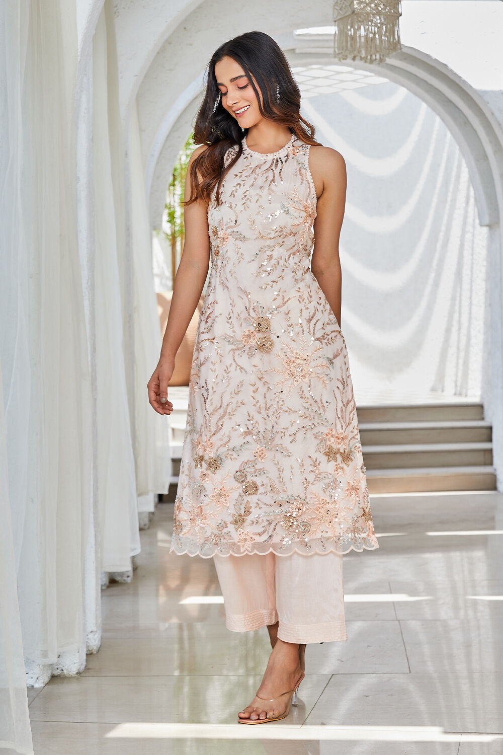 Peach Nude Viscose Straight Suit Set image number 3