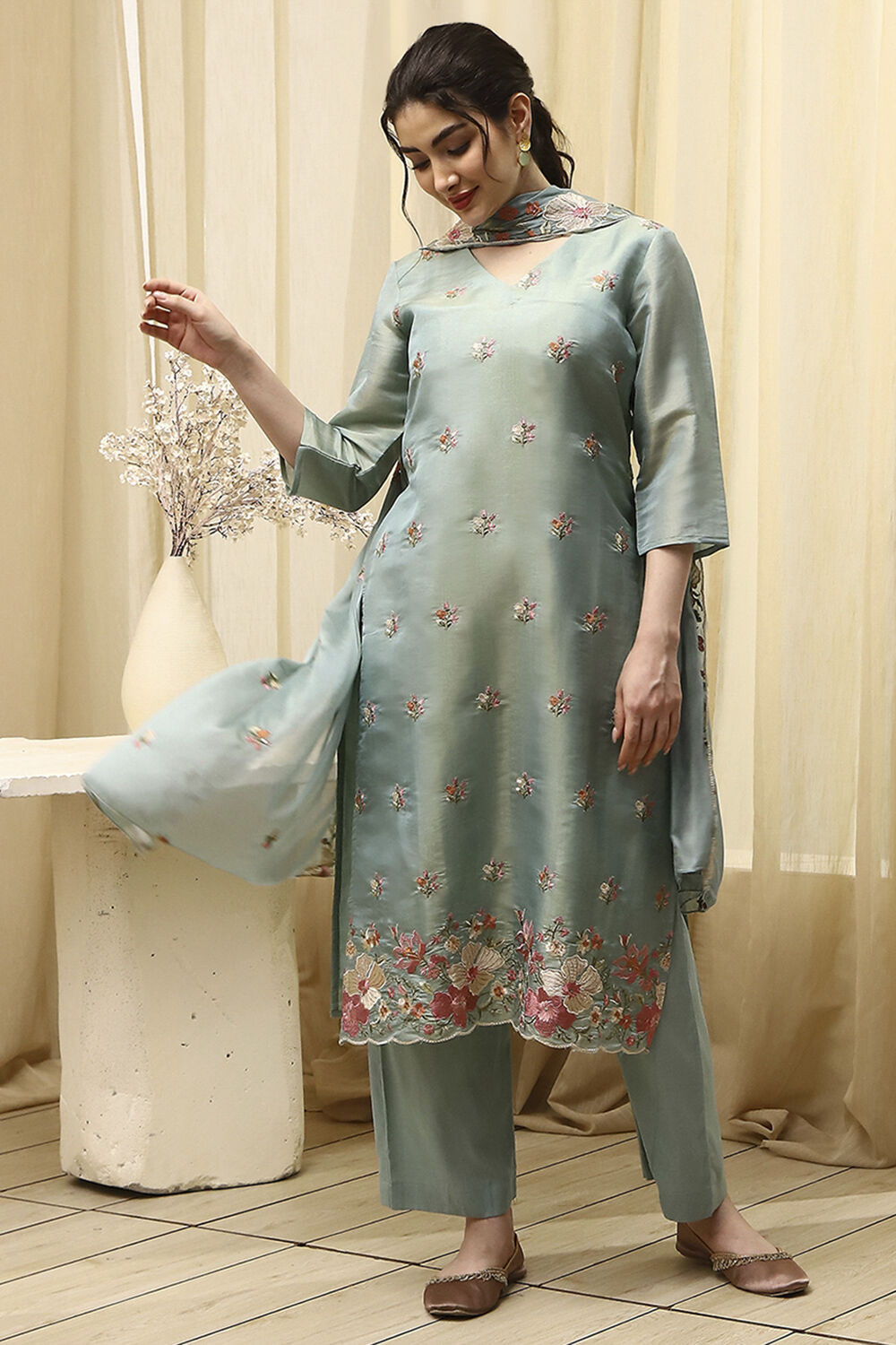 Teal Tissue Machine Embroidered Unstitched Suit Set image number 1