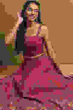 Red Satin Printed Lightweight Lehenga Set image number 0