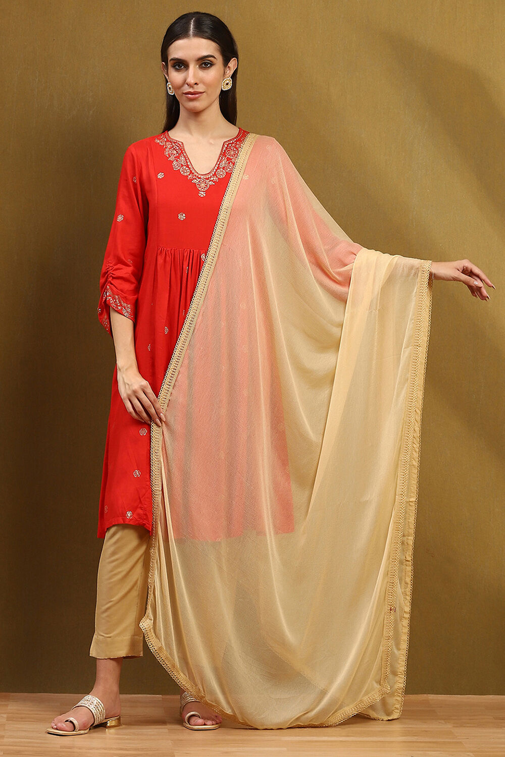 Cream Polyester Dupatta image number 4
