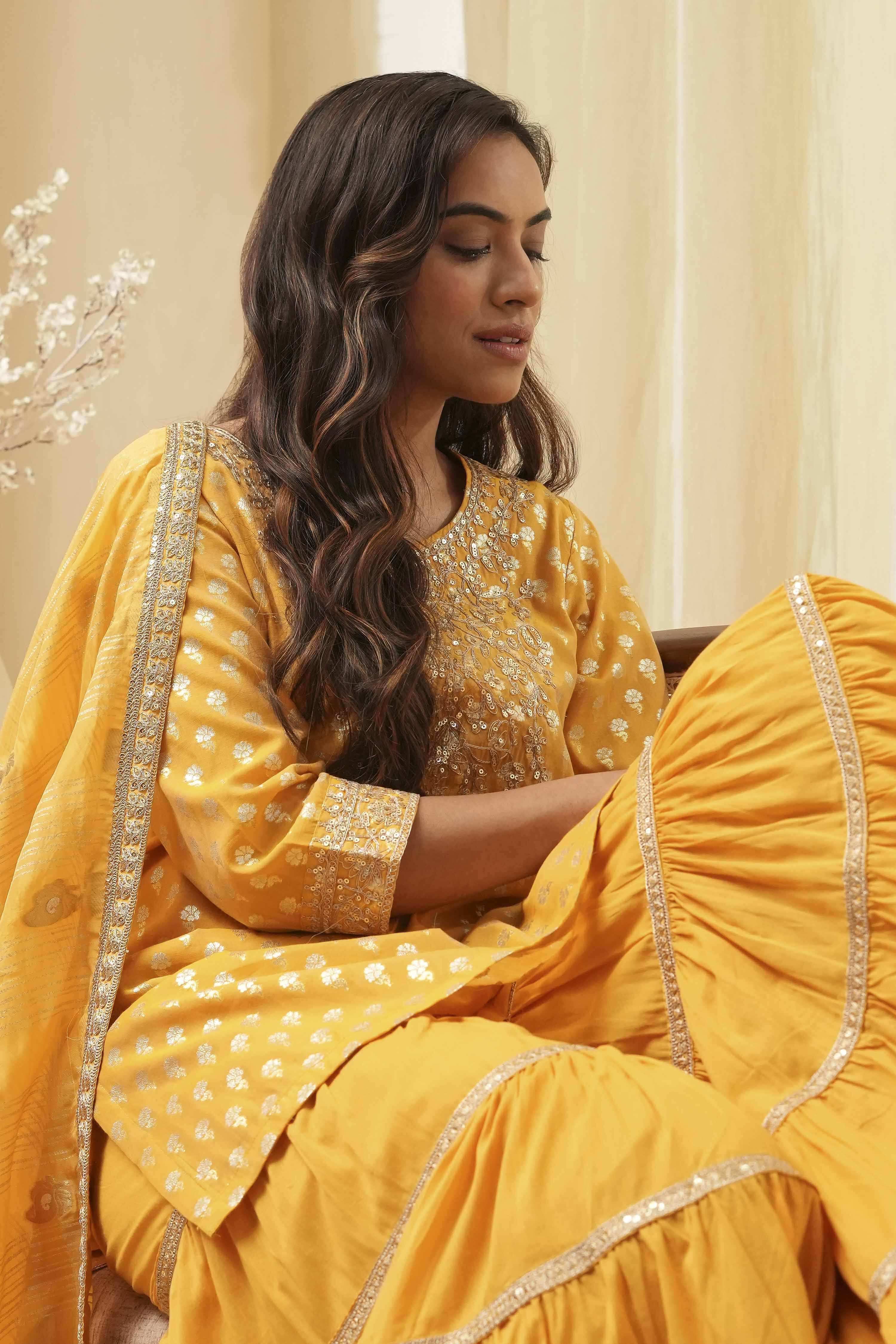 Ochre Yellow Embroidered Straight Suit Set image number 7