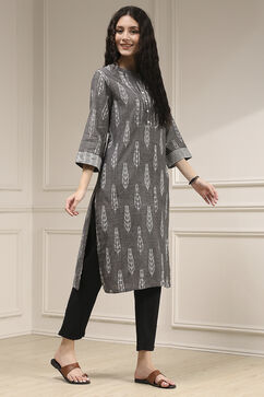 Grey Cotton Straight Yarndyed Kurta image number 4