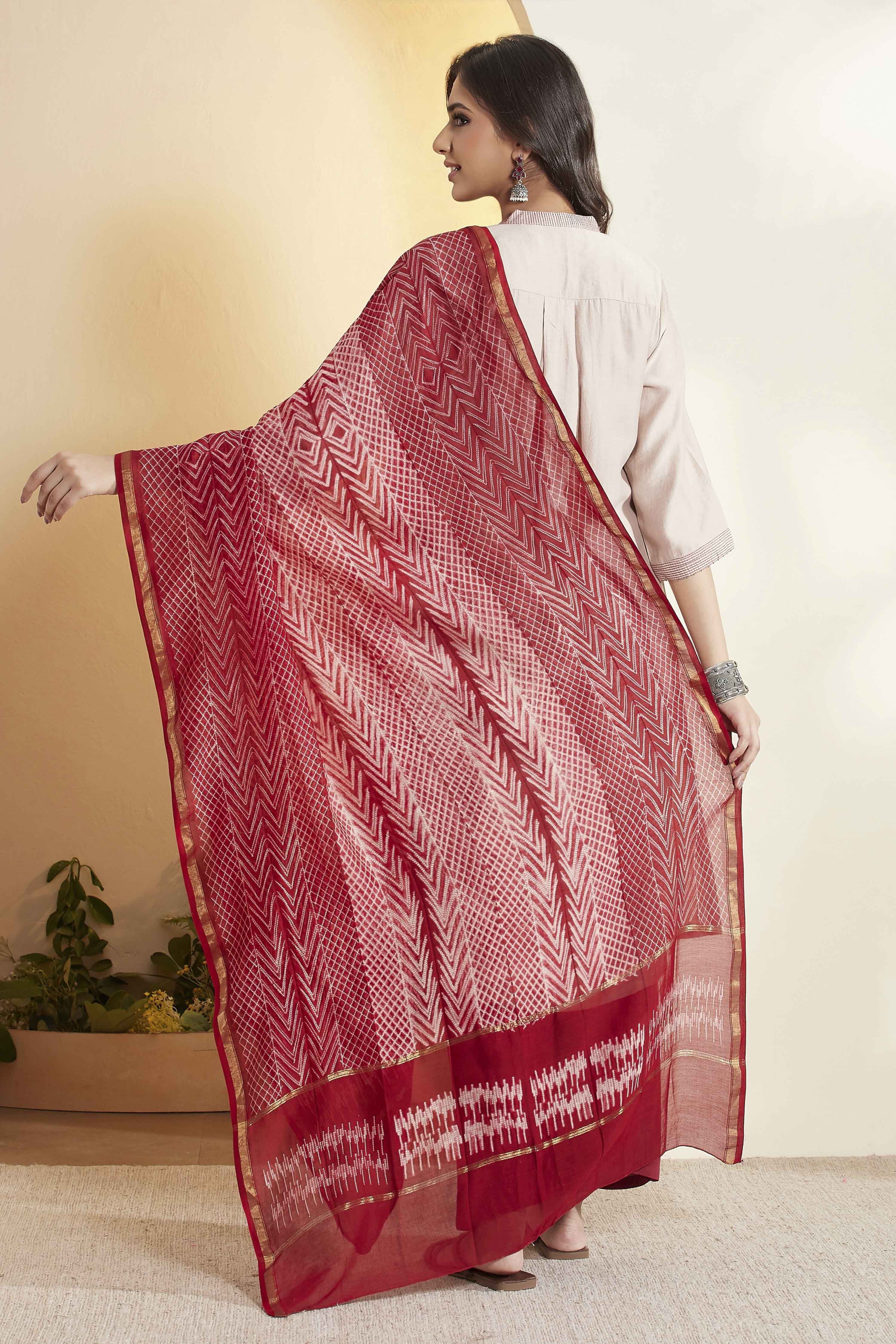 Red Chanderi Chevron Printed Dupatta image number 5