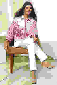 White and Pink Cotton High-Low Straight Shirt image number 6