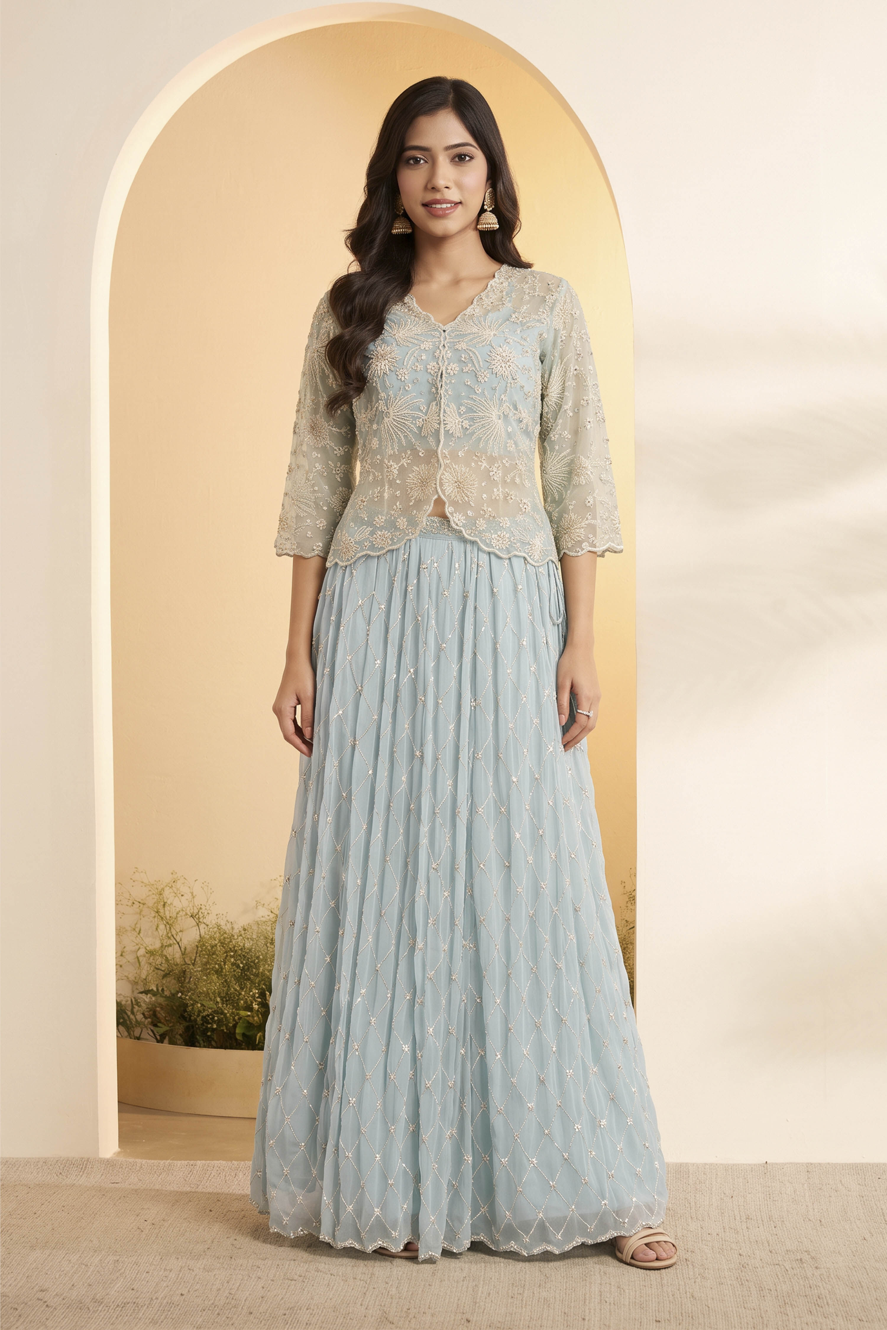 Powder Blue Embroidered Kalidar Fusion Set image number 5