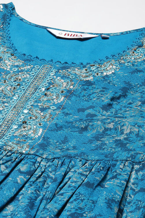Teal Blue Cotton Anarkali Kurta Garara Suit Set image number 1
