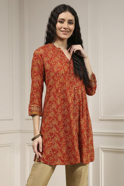 Rust Viscose Rayon Relaxed Printed Shirt image number 4