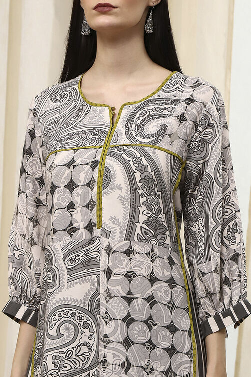 Ivory and Grey Printed Straight Kurta image number 1