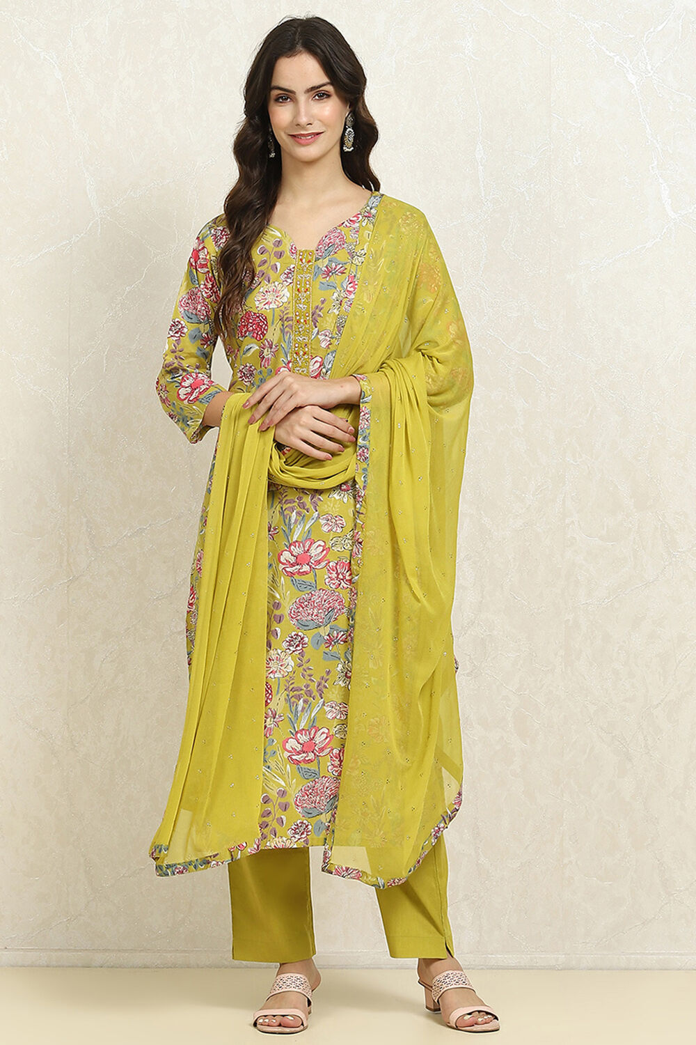 Green Cotton Floral Unstitched Suit Set image number 7