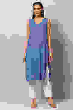 White And Blue Cotton Kaftan Set image number 1