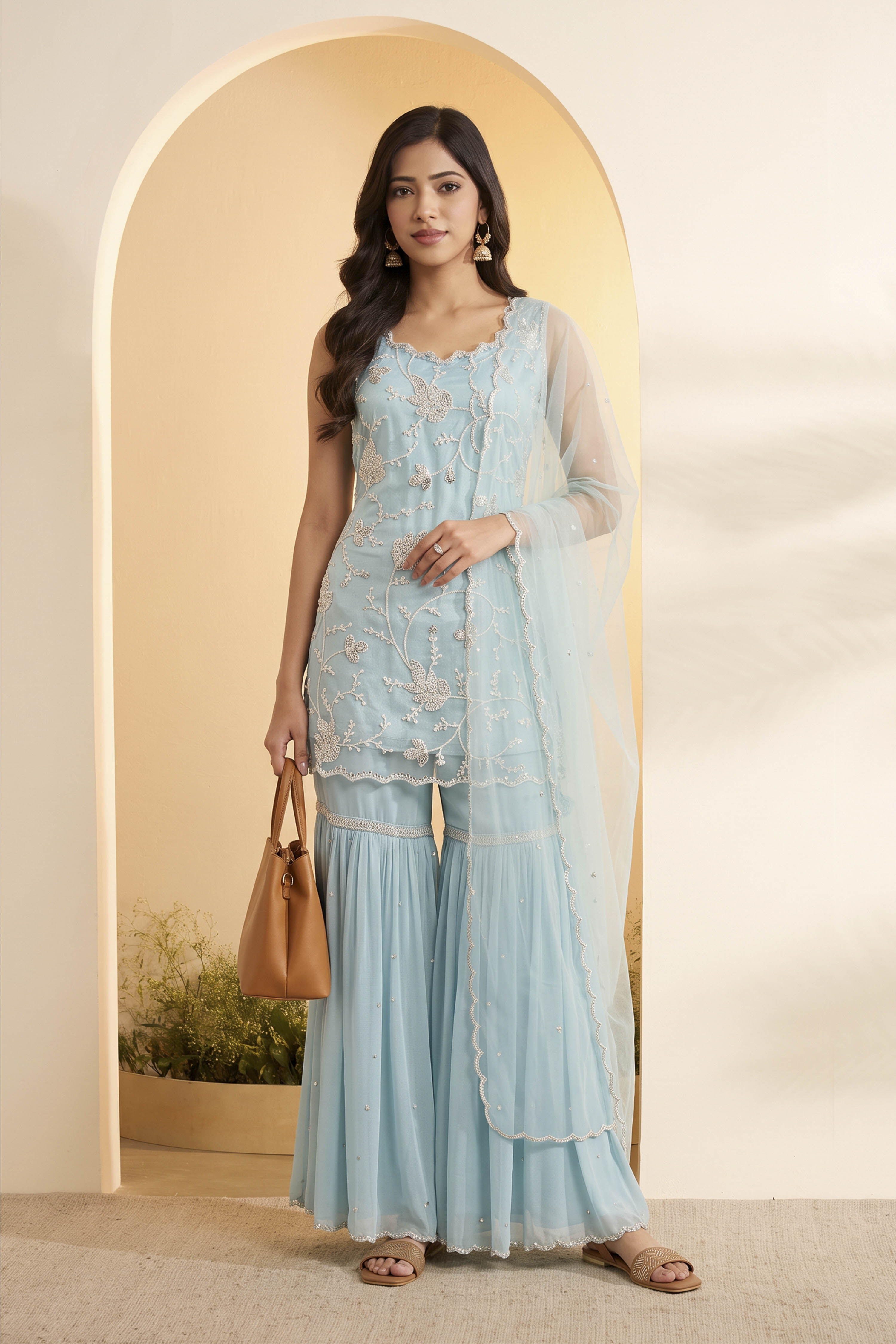 Powder Blue Nylon Embroidered Sharara Set with Net Dupatta image number 0