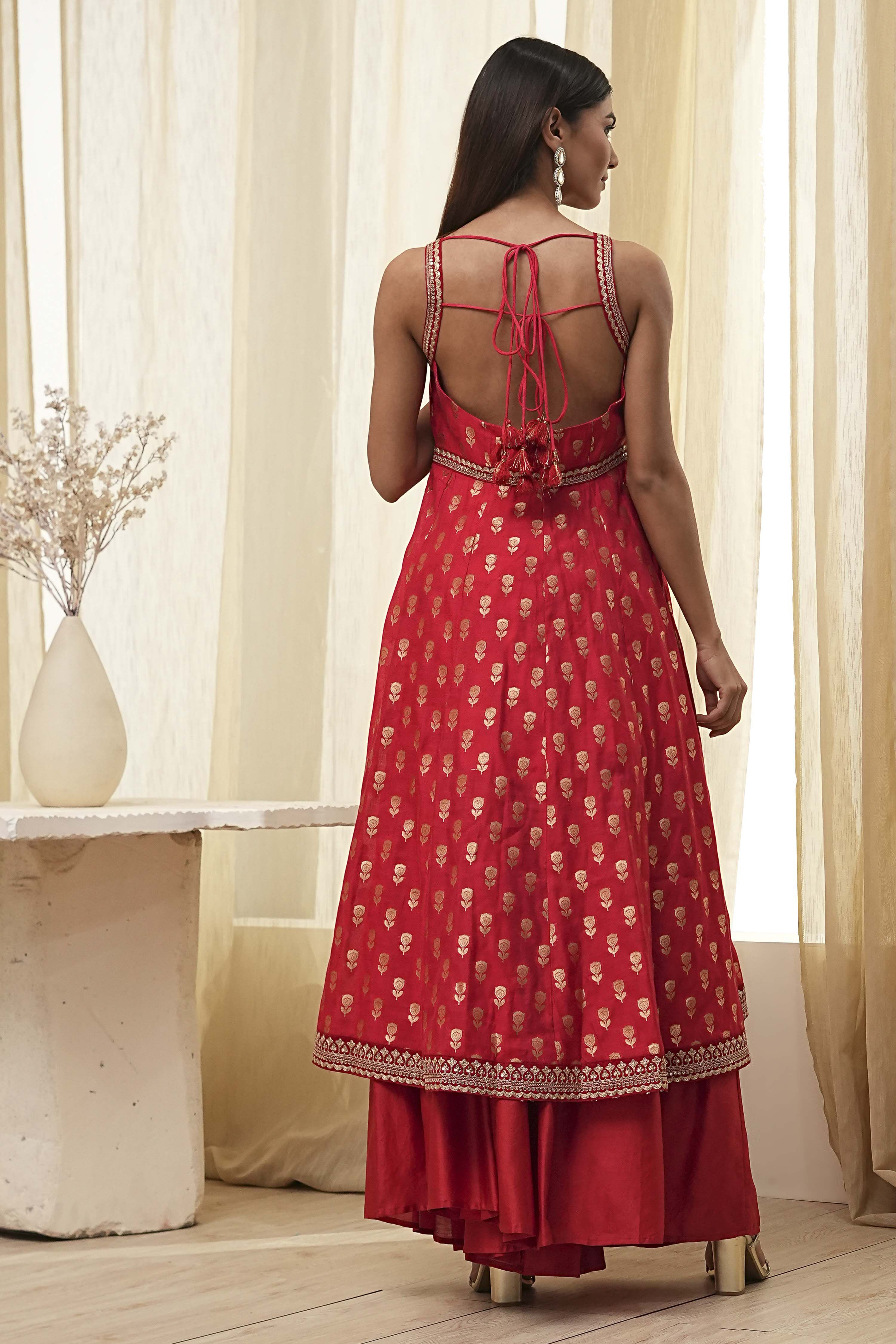 Red Yarn-Dyed Strappy Anarkali Suit Set image number 4