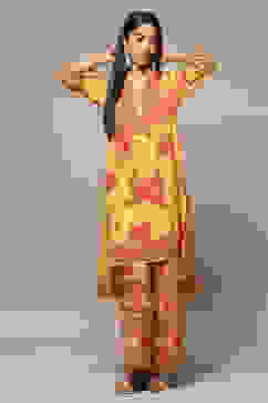 Yellow Rayon Asymmetric Kurta Palazzo 2 Piece Set image number 4