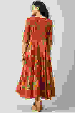 Red Cotton Flared Fusion Printed Dress image number 6