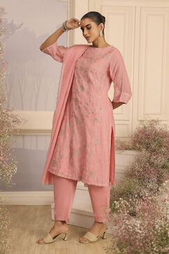 Pink Silk A-Line Embroidered Suit Set image number 3
