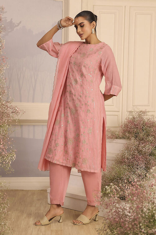 Pink Silk A-Line Embroidered Suit Set image number 3