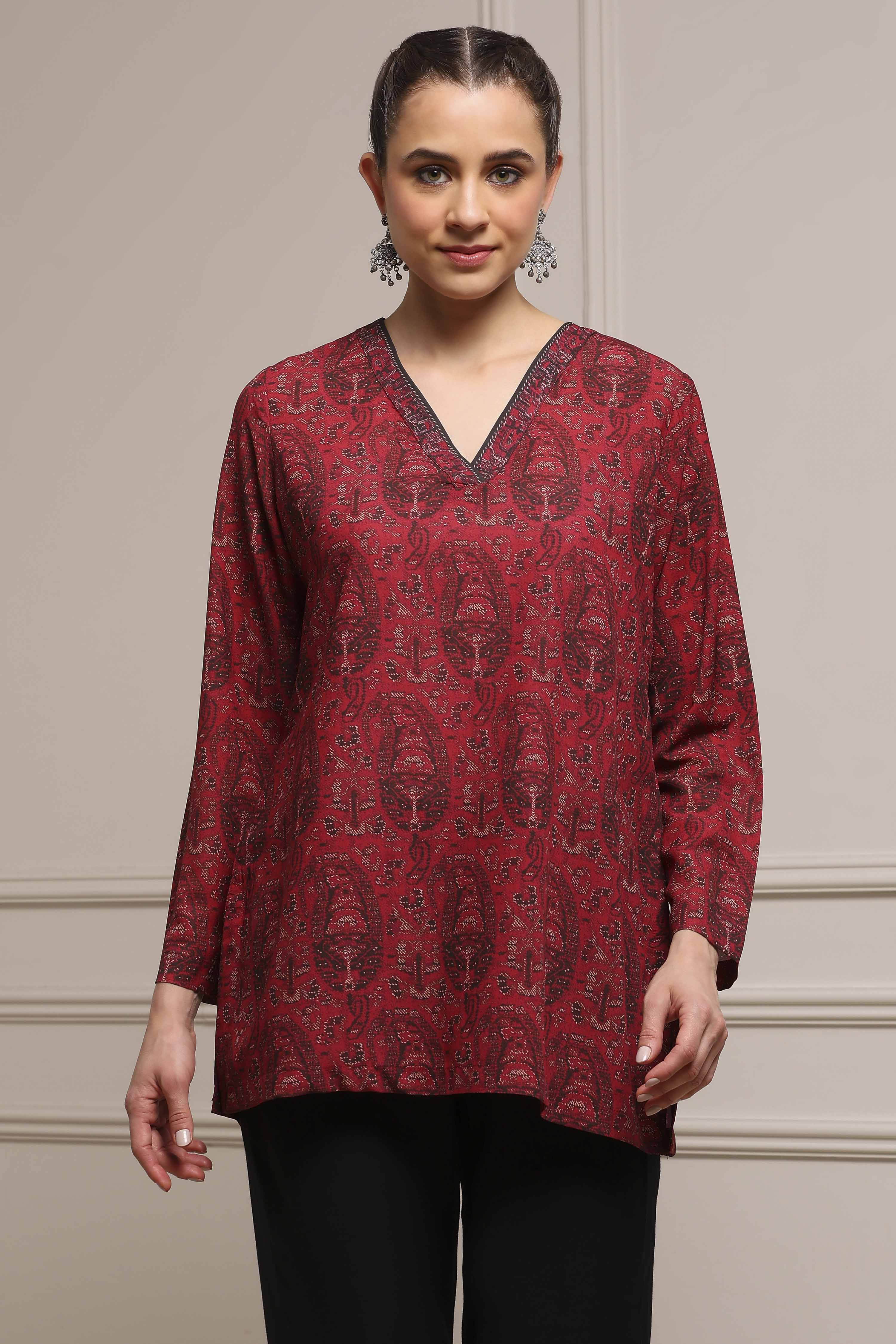 Maroon Black Polyester Straight Printed Kurta image number 5