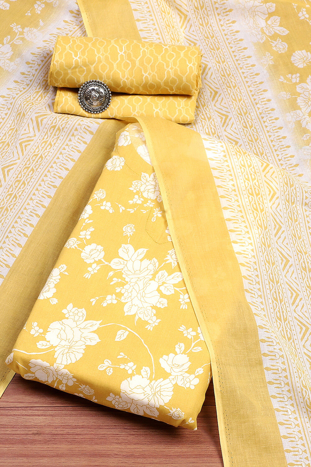Mustard Yellow Cotton Screen Print Unstitched Suit Set image number 0