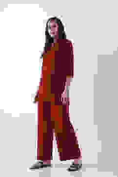 Maroon Solid Straight Palazzos image number 0