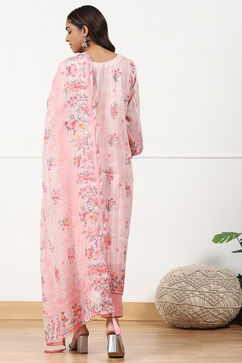 Pink Linen Floral Printed Unstitched Suit Set image number 4