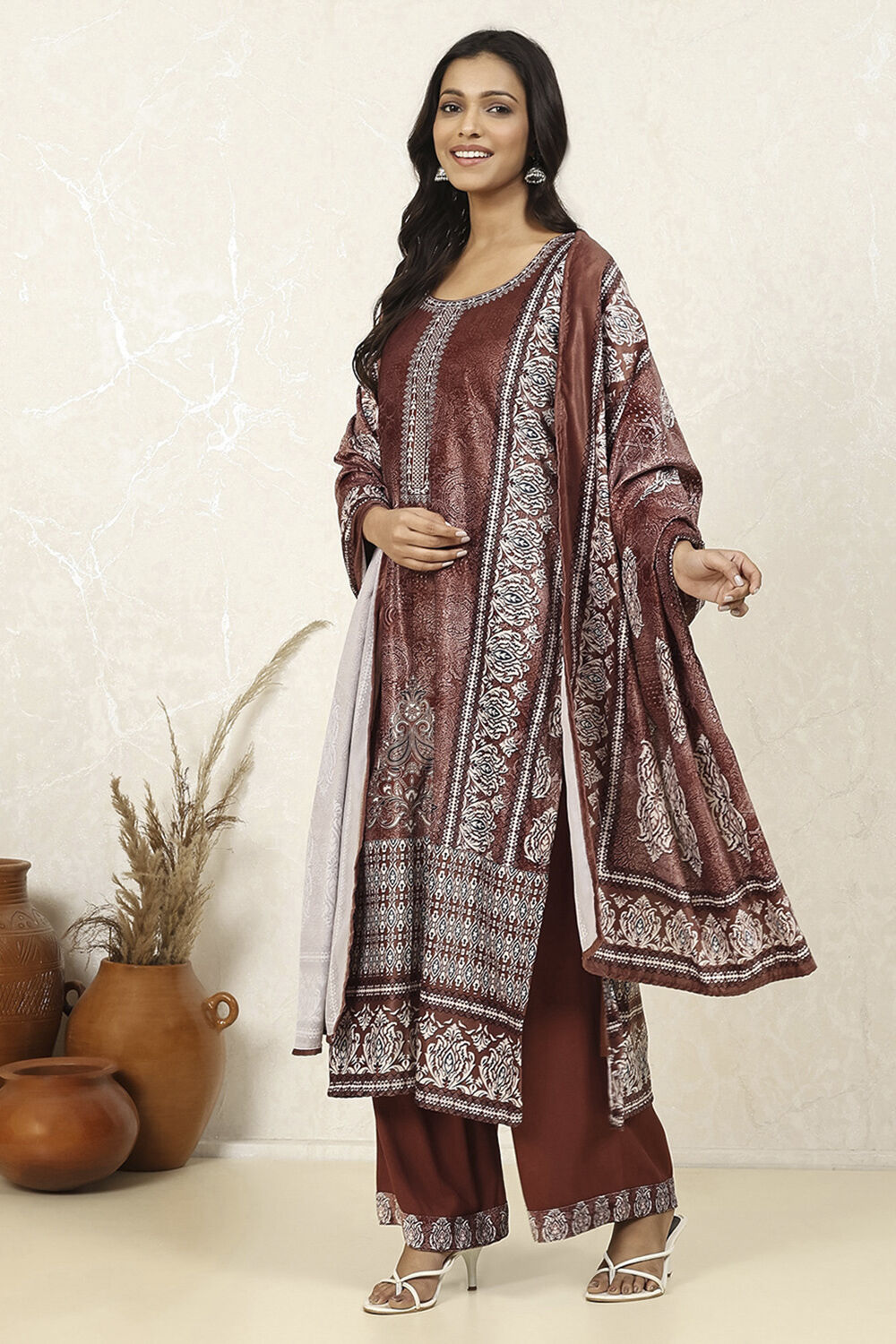 Rust Velvet Digital Print Unstitched Suit Set image number 4