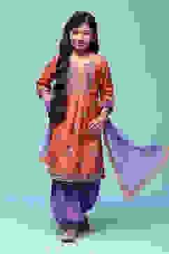 Orange Polyester Gathered Printed Suit Set image number 7