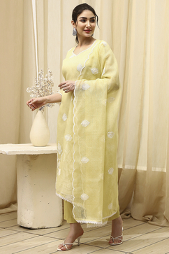Lime Cotton Machine Embroidered Unstitched Suit Set image number 4