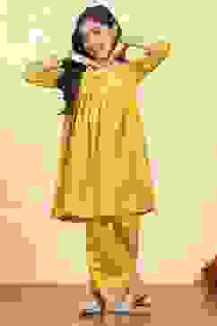 Yellow Polyester Dyed Gathered Kurta Pants Set image number 0