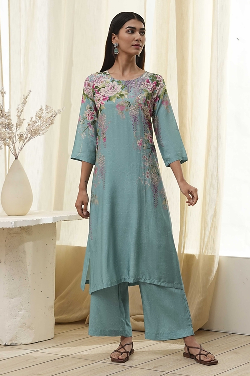 Blue Floral Straight Kurta Set image number 6