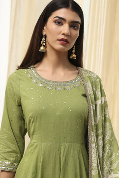 Green Cotton Foil Printed Anarkali Suit Set image number 1