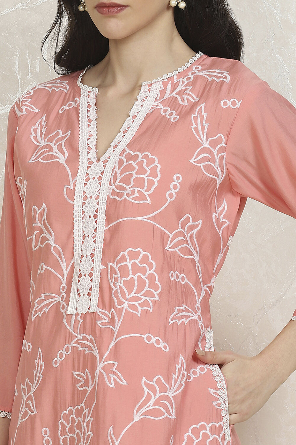 Peach-Pink Modal Machine Embroidered Unstitched Suit Set image number 2