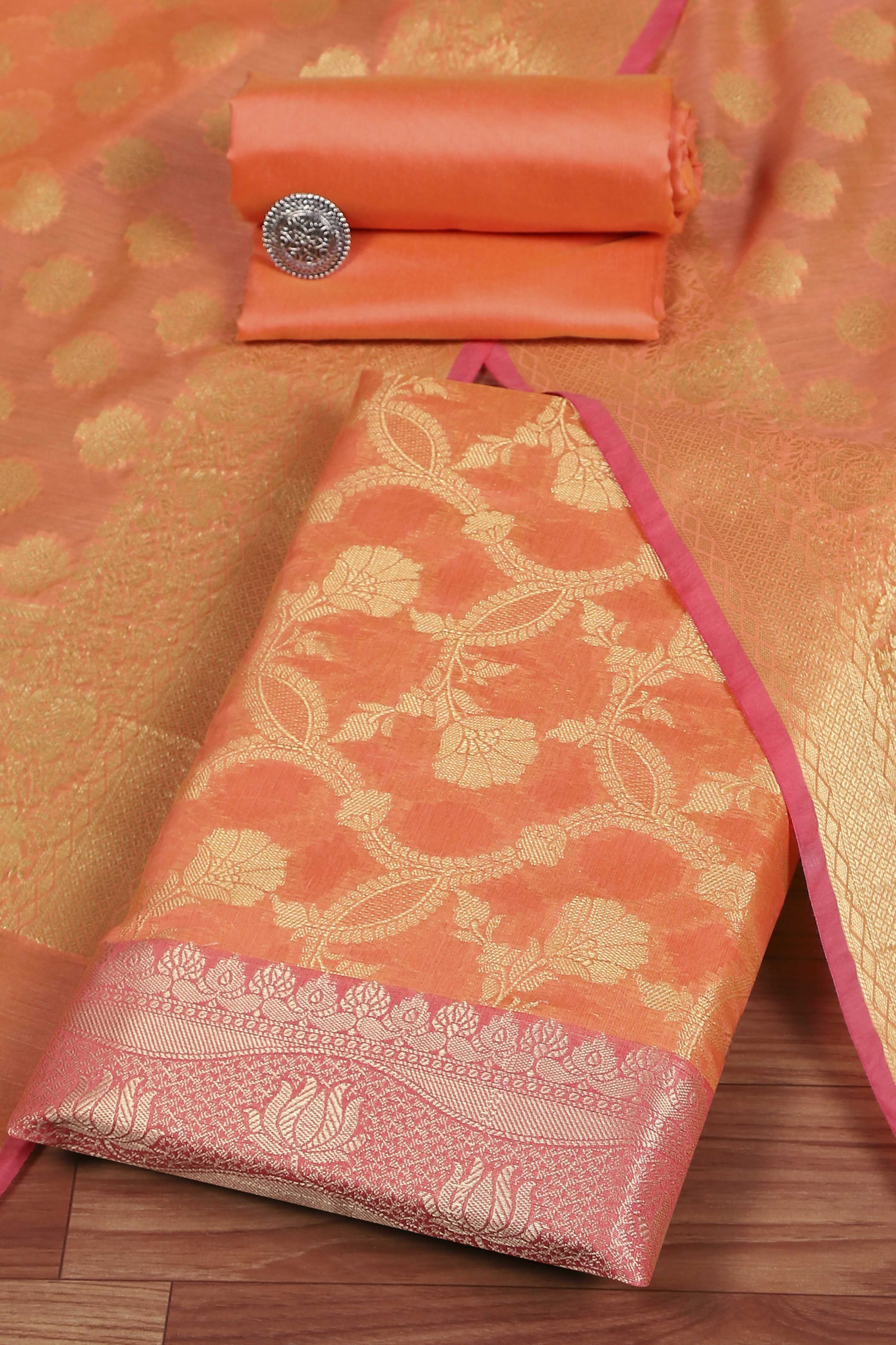 Pink Cotton Printed Embroidered Unstitched Suit Set image number 0