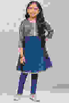 Blue Art Silk Straight Printed Kurta Set image number 0