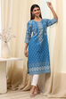 Blue Cotton Printed Straight Kurta image number 0