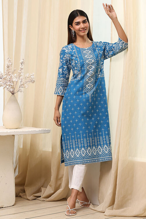 Blue Cotton Printed Straight Kurta image number 0