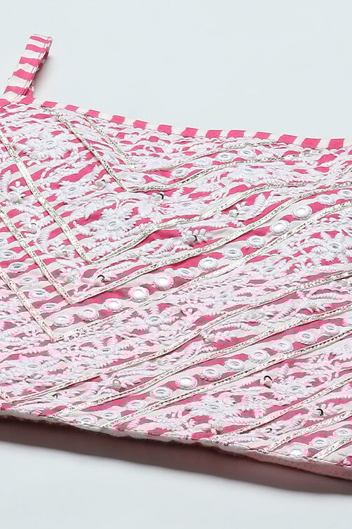 Pink Cotton Embroidered Blouse & Lehenga With Net Dupatta image number 1